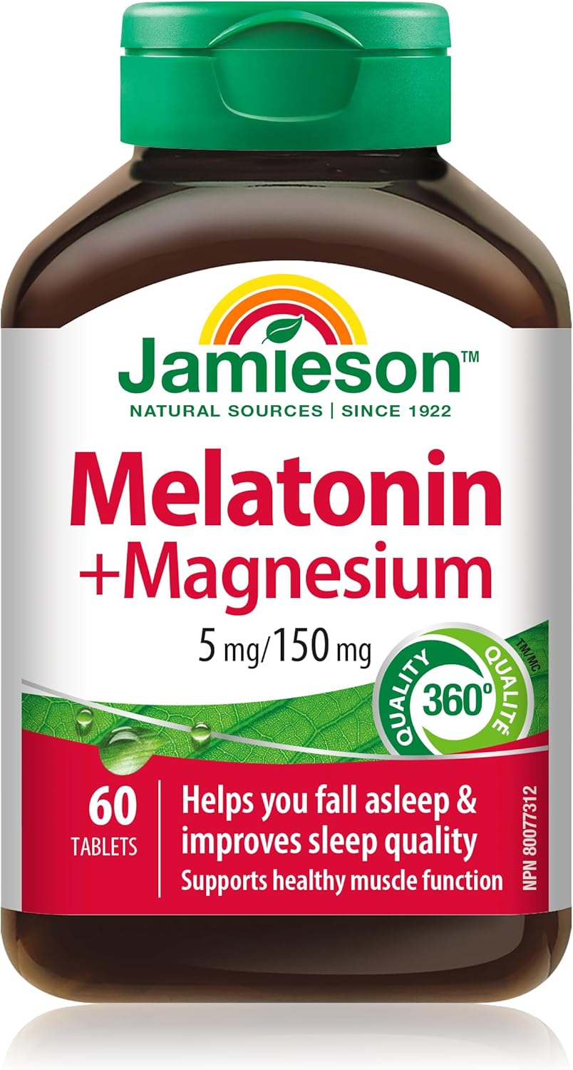 Jamieson 褪黑素 5 毫克 + 鎂 150 毫克，改善睡眠質量，延長睡眠時間，並支持健康的肌肉功能。素食，無麩質，60 片裝，加拿大製造