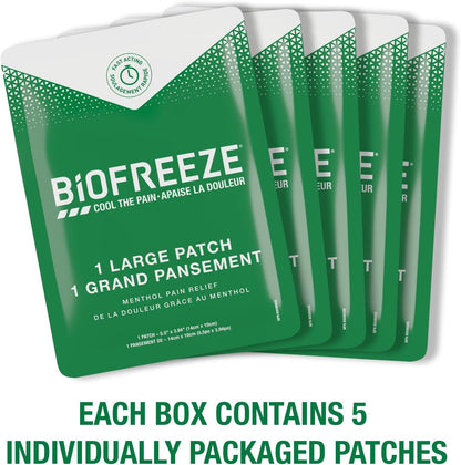 Biofreeze Patches (5 Large Size), Penetrating Pain Relief for Sore Muscles, Arthritis, Backaches, and Sore Joints, Fast Acting, Long Lasting, Cooling Menthol Formula, Mess Free Application, Flexible Fabric for Comfort,