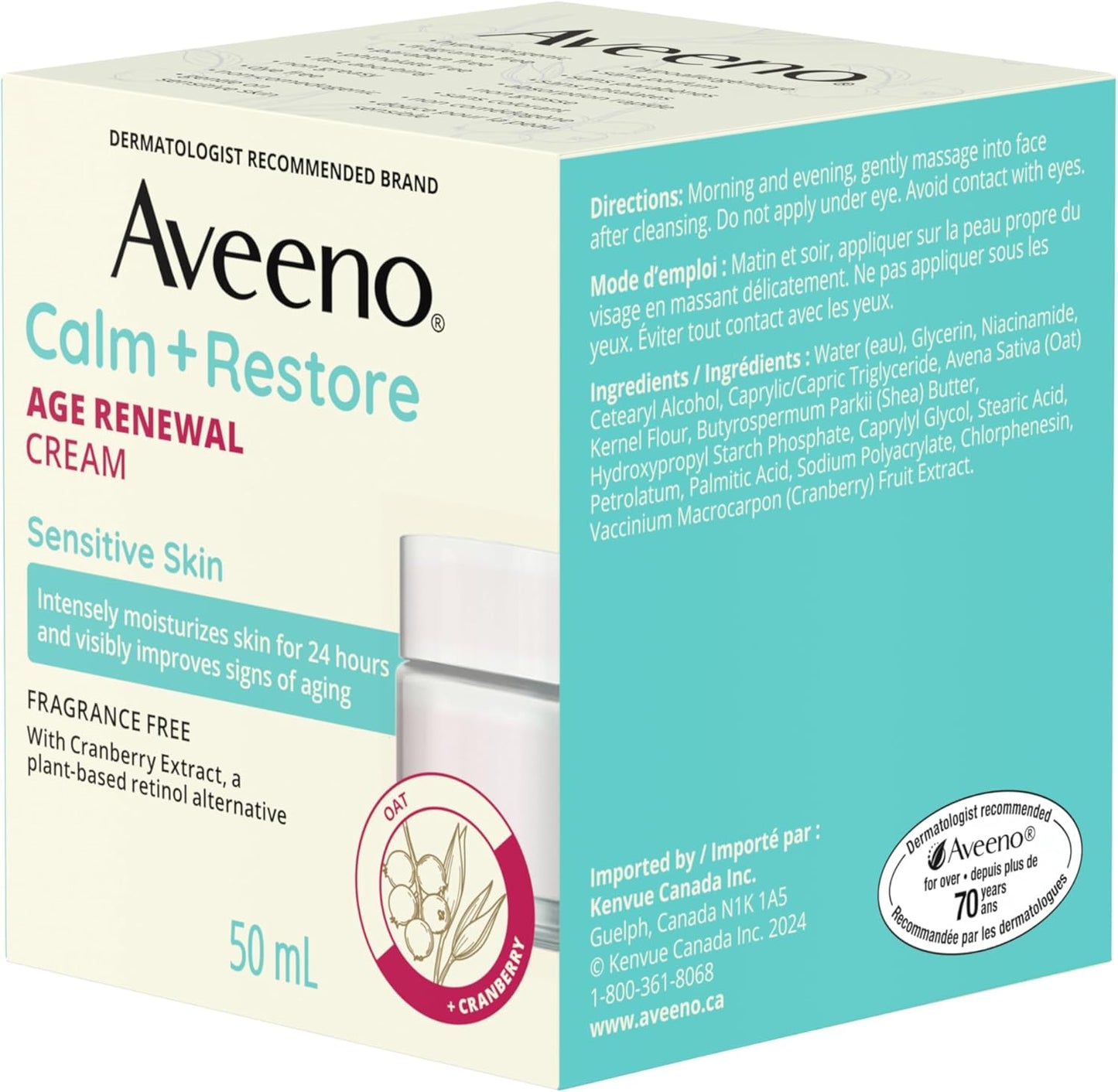 Aveeno Calm + Restore 抗衰老焕肤霜，燕麦、烟酰胺、天然视黄醇替代品，抗衰老干性皮肤保湿霜，无香型，50 毫升