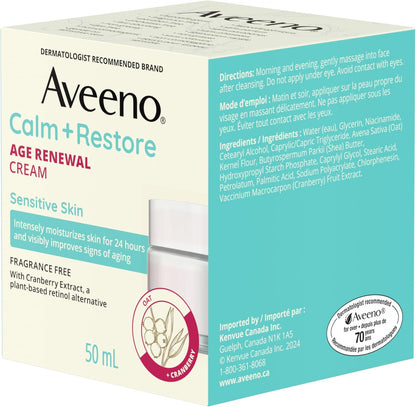 Aveeno Calm + Restore 抗衰老焕肤霜，燕麦、烟酰胺、天然视黄醇替代品，抗衰老干性皮肤保湿霜，无香型，50 毫升