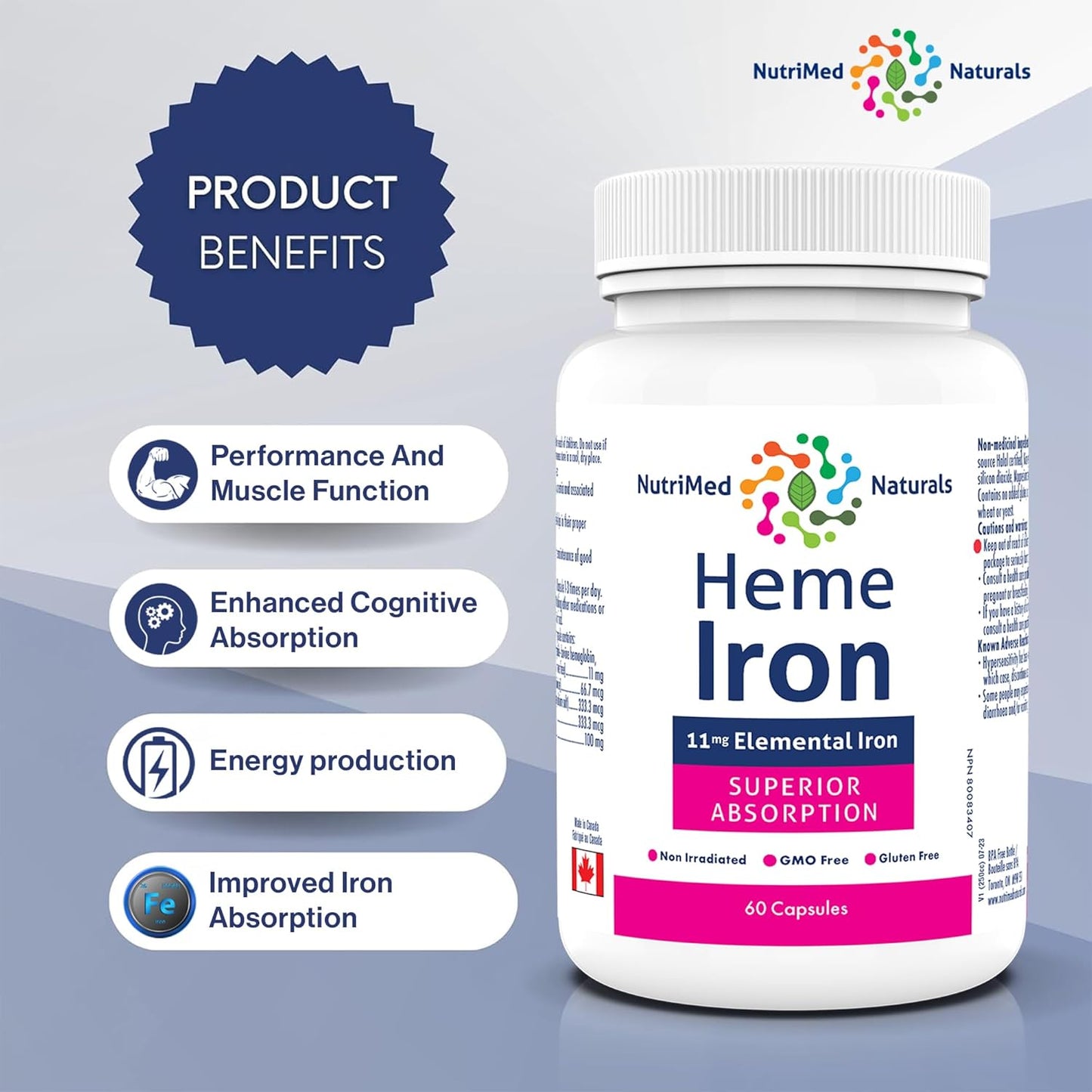 Nutrimed Naturals - 血紅素鐵補充劑 60 粒膠囊，60 天用量 - 11 毫克元素鐵 + 硒、生物活性葉酸、維生素 B12、維生素 C - 經第三方測試 - 加拿大配製和製造