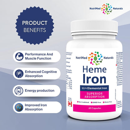 Nutrimed Naturals - 血紅素鐵補充劑 60 粒膠囊，60 天用量 - 11 毫克元素鐵 + 硒、生物活性葉酸、維生素 B12、維生素 C - 經第三方測試 - 加拿大配製和製造
