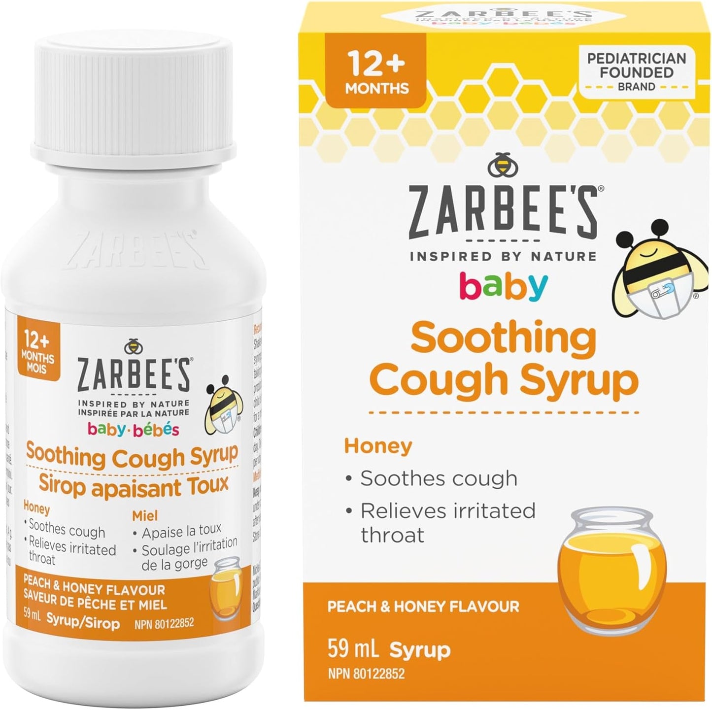 Zarbee's Baby Soothing Cough Syrup, Sore Throat Relief, Naturally Sourced Honey, Dye-Free, Peach & Honey Flavour, 59 mL