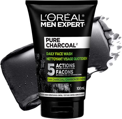 L’Oréal Paris Men Expert Pure Charcoal Daily Face Wash for Men, Formulated with Black Charcoal & Salicylic Acid to Reduce Oily Skin and Blackheads, 100 ml