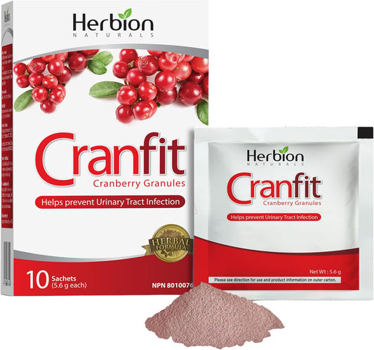Herbion Naturals Cranfit 蔓越莓颗粒有助于预防复发性尿路感染 (UTI)，抗氧化剂来源，每袋含 250 毫克蔓越莓提取物，草本配方，溶于水，成人适用，10 袋