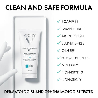 Vichy Gentle Facial Cleanser and Makeup Remover, Purete Thermal 3-in-1 Face Cleanser for Sensitive Skin, Hypoallergenic, Dermatologist Recommended, Paraben-Free, 200mL