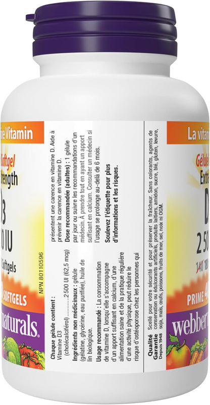 Webber Naturals 维生素 D3 2500 IU 加强型，180 粒软胶囊，有益于骨骼和牙齿健康，并有助于预防维生素 D 缺乏症