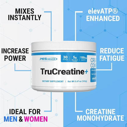 PEScience TruCreatine+ Creatine Monohydrate Powder, Micronized Creapure Creatine for Women & Men, Supports Muscle Growth, Strength & Recovery, Cognition, 30 Servings
