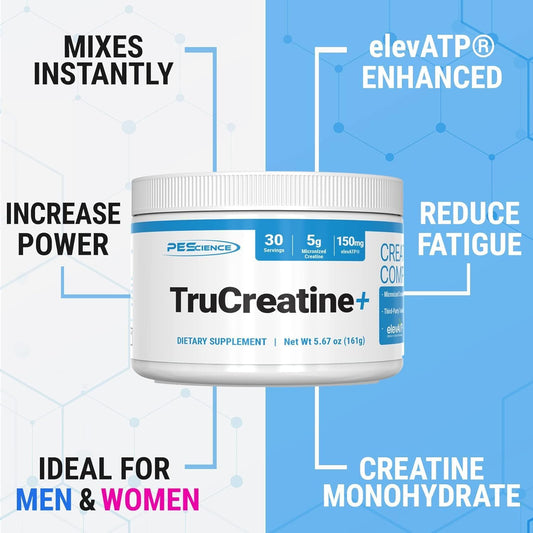 PEScience TruCreatine+ 肌酸一水合物粉末，微粉化 Creapure 肌酸，男女適用，支持肌肉生長、力量和恢復，認知，30 份