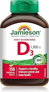 Jamieson 維生素 D3 1,000 IU 速溶片，支持免疫健康，強健骨骼和牙齒，增強鈣和磷的吸收。非基因改造，無麩質，每日一片，150 片舌下片，加拿大製造