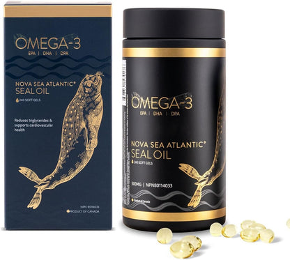 Nova Sea Atlantic® 出品，易于吞咽的竖琴海豹油 Omega 3 6 9 | 加拿大制造 | 富含 EPA、DHA 和 DPA，有益健康 | 不含化学物质，非转基因 | 500 毫克 - 240 粒软胶囊