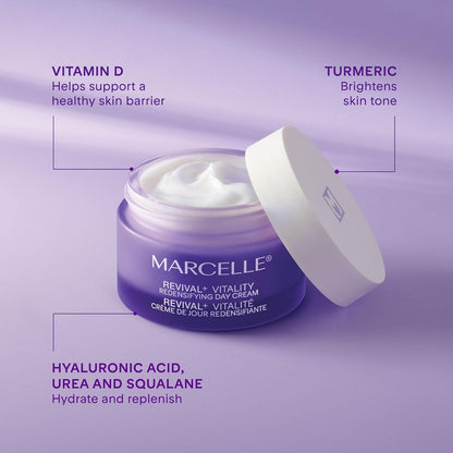 Marcelle Revival+ Vitality Redensifying Day Cream, for Menopausal Skin, with Vitamin D, Hyaluronic Acid and Urea, Hypoallergenic, Fragrance-Free, Paraben-Free, Clean, Cruelty-Free, 50 mL