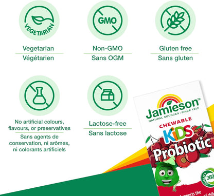Jamieson 兒童咀嚼益生菌，50億菌落形成單位，天然櫻桃味，有益消化和腸道健康，支持腸道菌叢健康。富含雙歧桿菌和乳酸桿菌，非基因改造，不含人工色素、香精或…