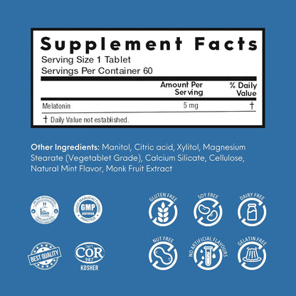 Nutrameltz 褪黑激素 5 毫克 – 天然助眠褪黑激素補充劑，緩解時差反應，幫助調節睡眠週期，速溶片，幫助您安睡 – 美味薄荷味（60 片）