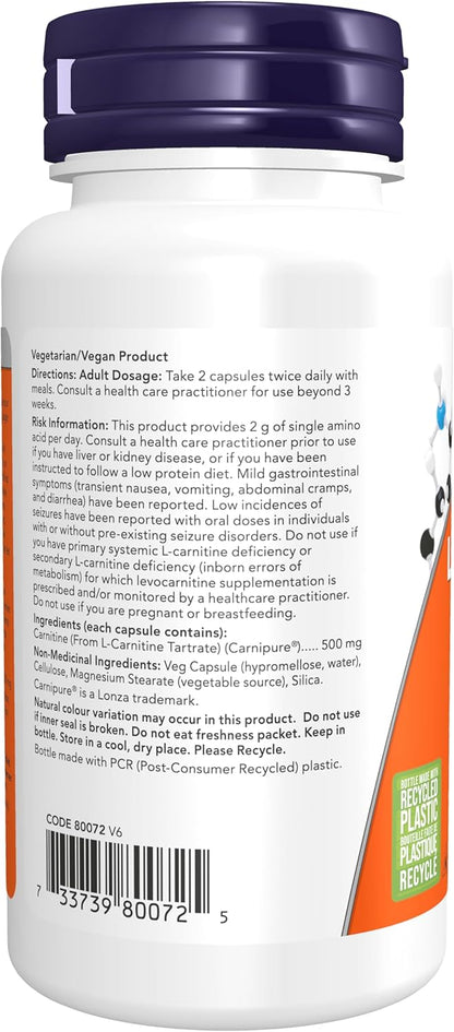 NOW Supplements，左旋肉鹼 500 毫克，最純淨形式，胺基酸，健身支持，60 粒素食膠囊