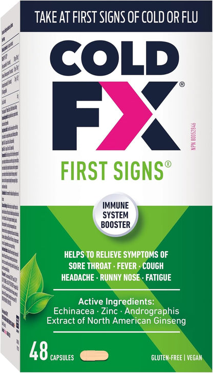 COLD-FX First Signs，有助于缓解咽喉痛、发烧、咳嗽、头痛、流鼻涕、疲劳等症状，北美人参提取物、紫锥菊、穿心莲和锌，48 粒素食胶囊