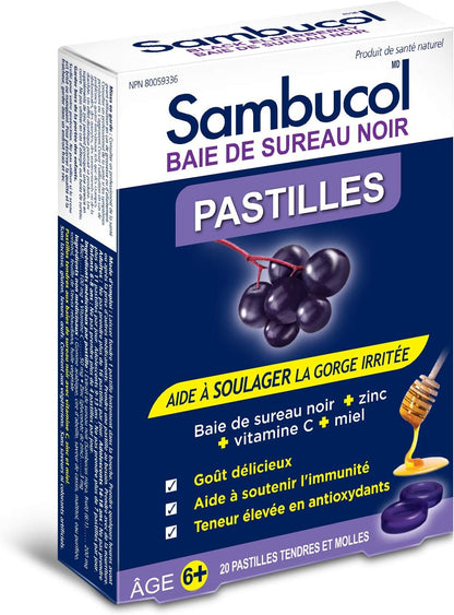 Sambucol Black Elderberry Pastilles | Quickly Soothes Sore, Dry & Scratchy Throat Symptoms | Immune Support & Antioxidant | Ideal for Ages 6+ | Gluten & Nut Free | 20 Soft & Chewy Pastilles, blue