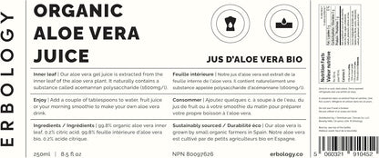 100% 有機蘆薈汁 250 毫升 - 支持免疫力和腸道健康 - 西班牙農場直供 - 未稀釋 - 不添加糖或人工防腐劑 - 非基因改造 - 可回收玻璃瓶