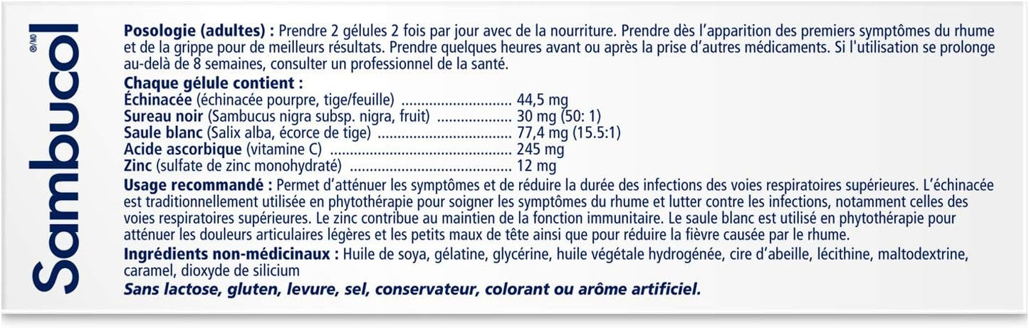 Sambucol Black Elderberry – Cold & Flu Relief | Echinacea, Zinc, Vitamin C & White Willow | Helps Relieve Congestion, Sore Throat, Coughs & Fatigue | Natural Health Product, For Adults | 24 Capsules