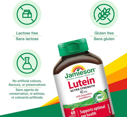 Jamieson 强效叶黄素 40 毫克，添加玉米黄质和越橘提取物，有益于眼部健康，并有助于降低患白内障的风险。非转基因，无麸质，60 粒软胶囊，加拿大制造