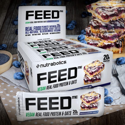 Nutrabolics- Feed me, Vegan Real Food Protein Bar, Frosted Blueberry Cobbler Box, 12 x 65 grams