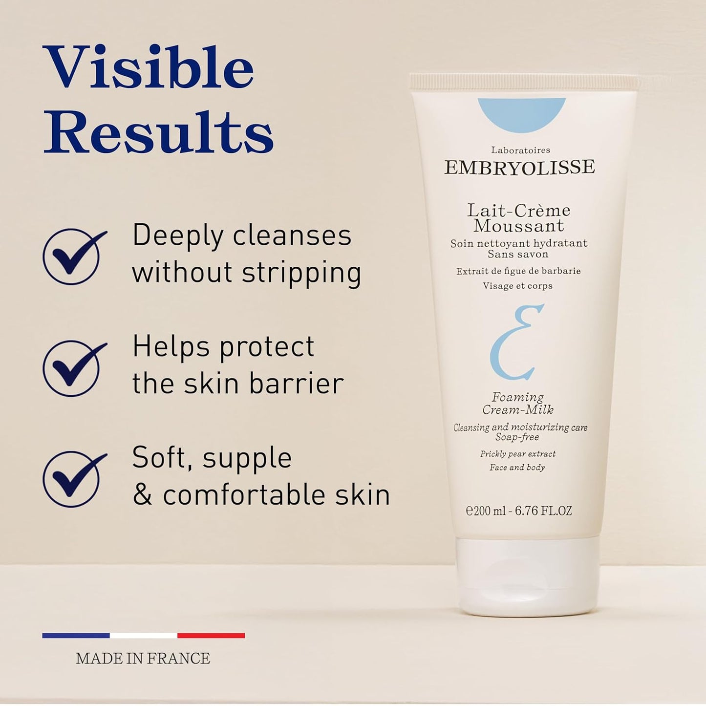 Embryolisse Foaming Cream Milk, Lait-Crème Moussant. Hydrating Cleanser for Face and Body, Soap-Free, Vegan Formula, 200 ml