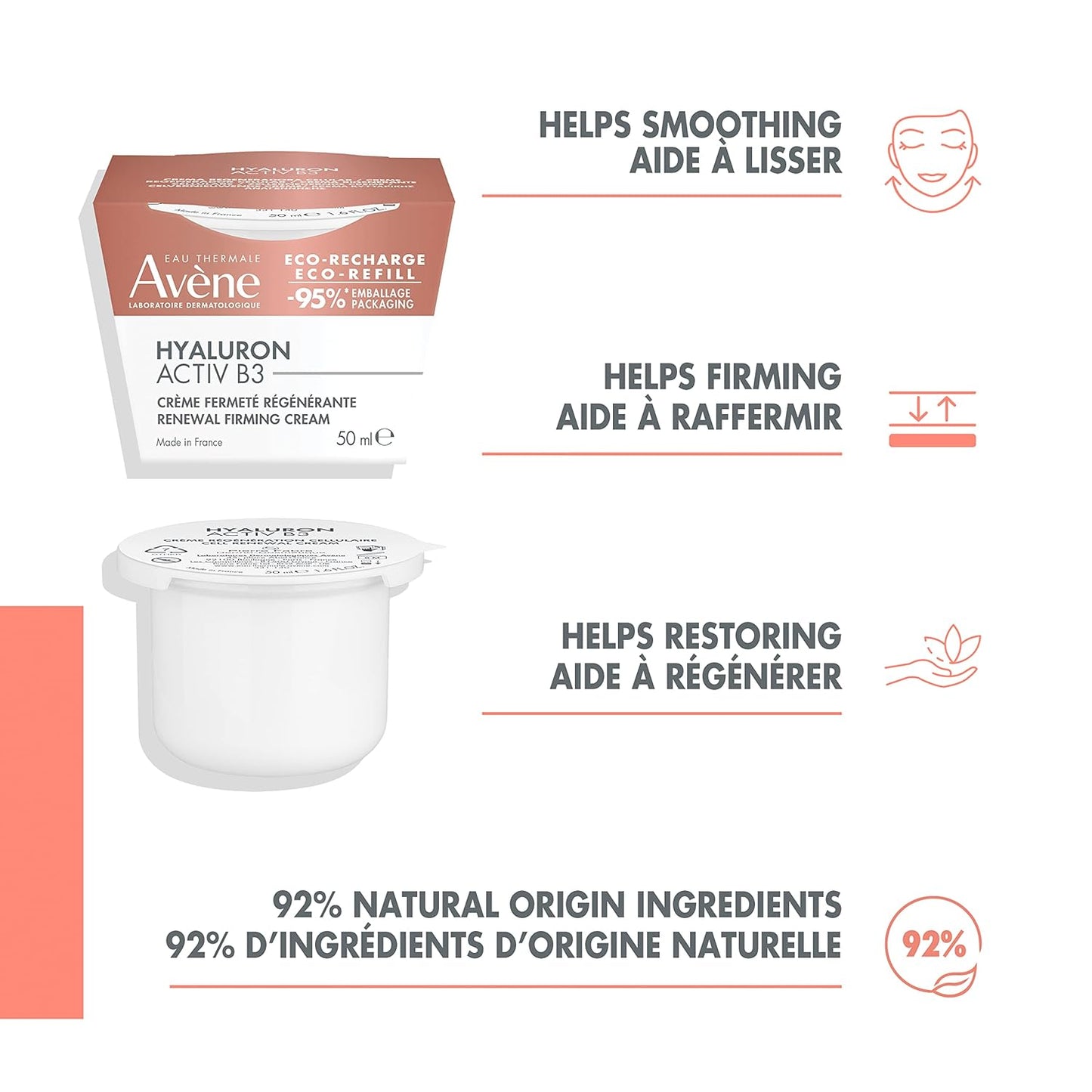 Eau Thermale Avène Hyaluron Activ B3 Renewal firming day cream Refill, for Aging Skin and wrinkles, Hyaluronic Acid and Niacinamide, 50ml