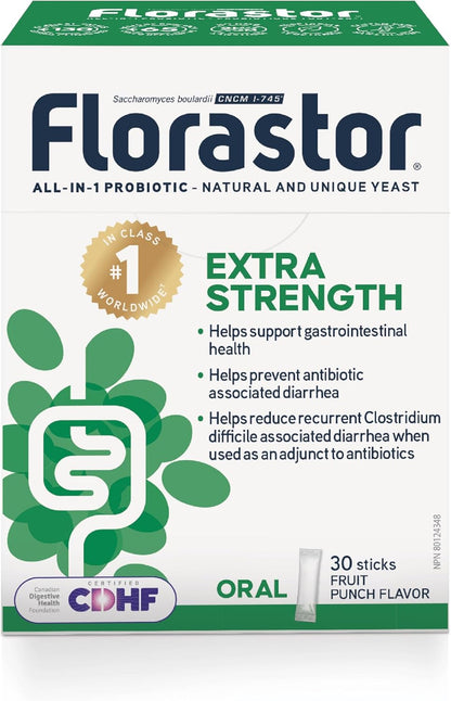 Florastor 強效益生菌 - 布拉酵母菌 CNCM I-745 - 每日多效合一益生菌 - 支持腸道健康和免疫系統 - 抗生素相關性腹瀉 - 成人適用 - 30 支