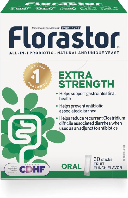 Florastor 强效益生菌 - 布拉酵母菌 CNCM I-745 - 每日多效合一益生菌 - 支持肠道健康和免疫系统 - 抗生素相关性腹泻 - 成人适用 - 30 支