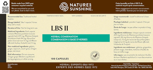 Nature's Sunshine LBS II 100 Capsules - Natural Laxative with Cascara Sagrada & Licorice Root for Intestinal Health and Bowel Regularity - Potent Herbal Formula with Natural Ingredients for Optimal Digestive Support