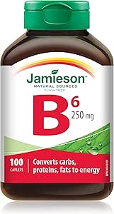 Jamieson 維生素 B6 250 毫克，鹽酸吡哆醇，有助於預防維生素 B6 缺乏症，促進能量生成和代謝。素食，無麩質，100 粒膠囊，加拿大製造