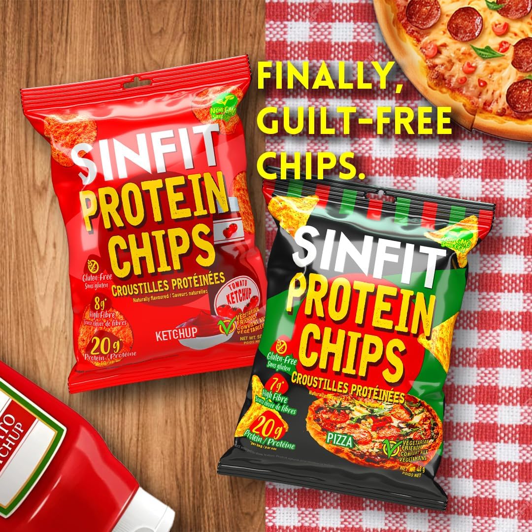 SinFit 蛋白薯片，20 克蛋白质/袋，50 克/袋，高纤维，低碳水化合物，无麸质，披萨味，7 片/盒（7 袋，番茄酱）