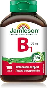 Jamieson 維生素B1 100毫克，硫胺素，能量代謝必需，有助於預防維生素B1缺乏症。每日一片，素食，無麩質，100片裝，加拿大製造