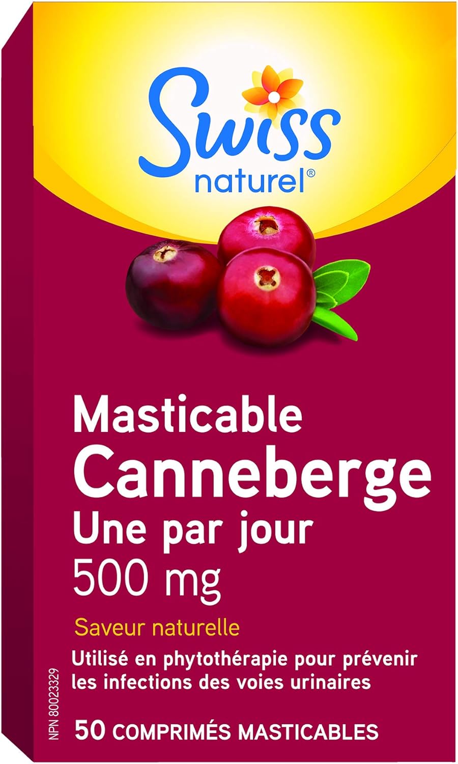 Swiss Natural – 蔓越莓咀嚼錠 500 毫克 | 預防泌尿道感染 | 非基因改造，無麩質 | 不含人工香料或防腐劑 | 50 片