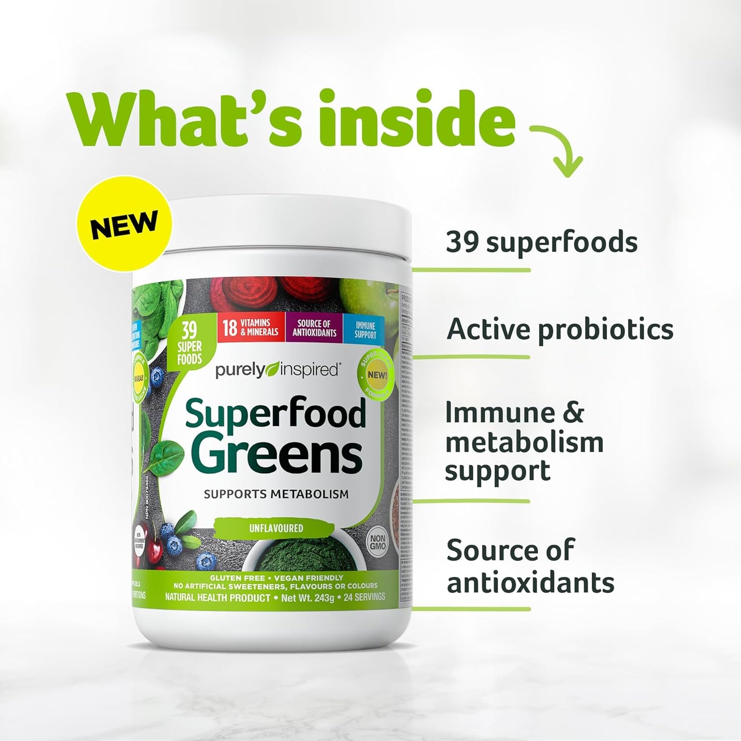 Purely Inspired Greens Superfood Powder for Women and Men - Organic Greens Smoothie Blend Supports Digestive Health & Immunity - Fruit & Veggie Blend, Gluten-Free (24 Servings)