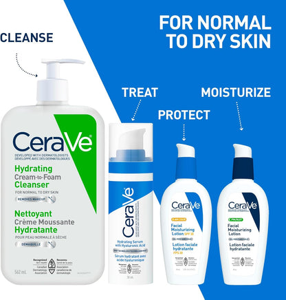 CeraVe Hydrating Cream-to-Foam Face Cleanser, One-Step Face Wash With Hyaluronic Acid & Amino Acid Complex, Gently Cleanses Skin, Non-Comedogenic, Fragrance-Free, Normal to dry skin, 562mL