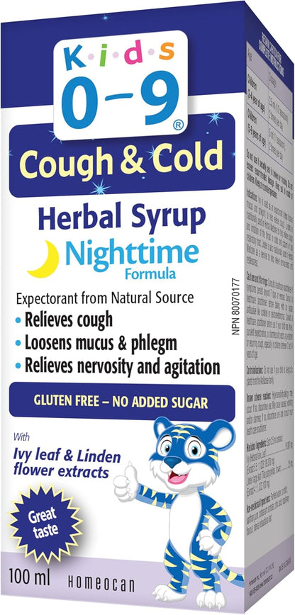 0-9岁儿童咳嗽感冒草本夜间糖浆 100毫升 - 缓解咳嗽、紧张和烦躁 - 含常春藤叶和菩提花提取物，可化痰化痰 - 不引起困倦，不含麸质