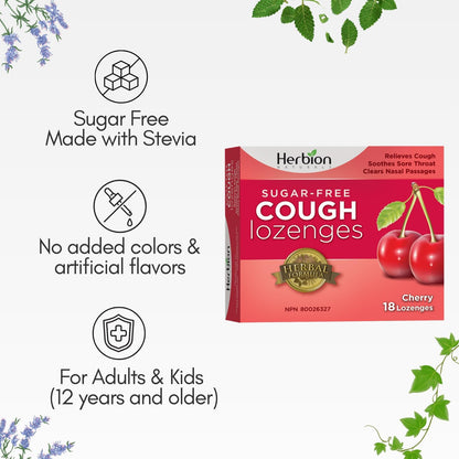 Herbion Naturals 无糖止咳润喉糖，天然樱桃味，18 粒润喉糖 - 缓解咳嗽和鼻塞；舒缓咽喉痛；适用于成人和 12 岁及以上儿童