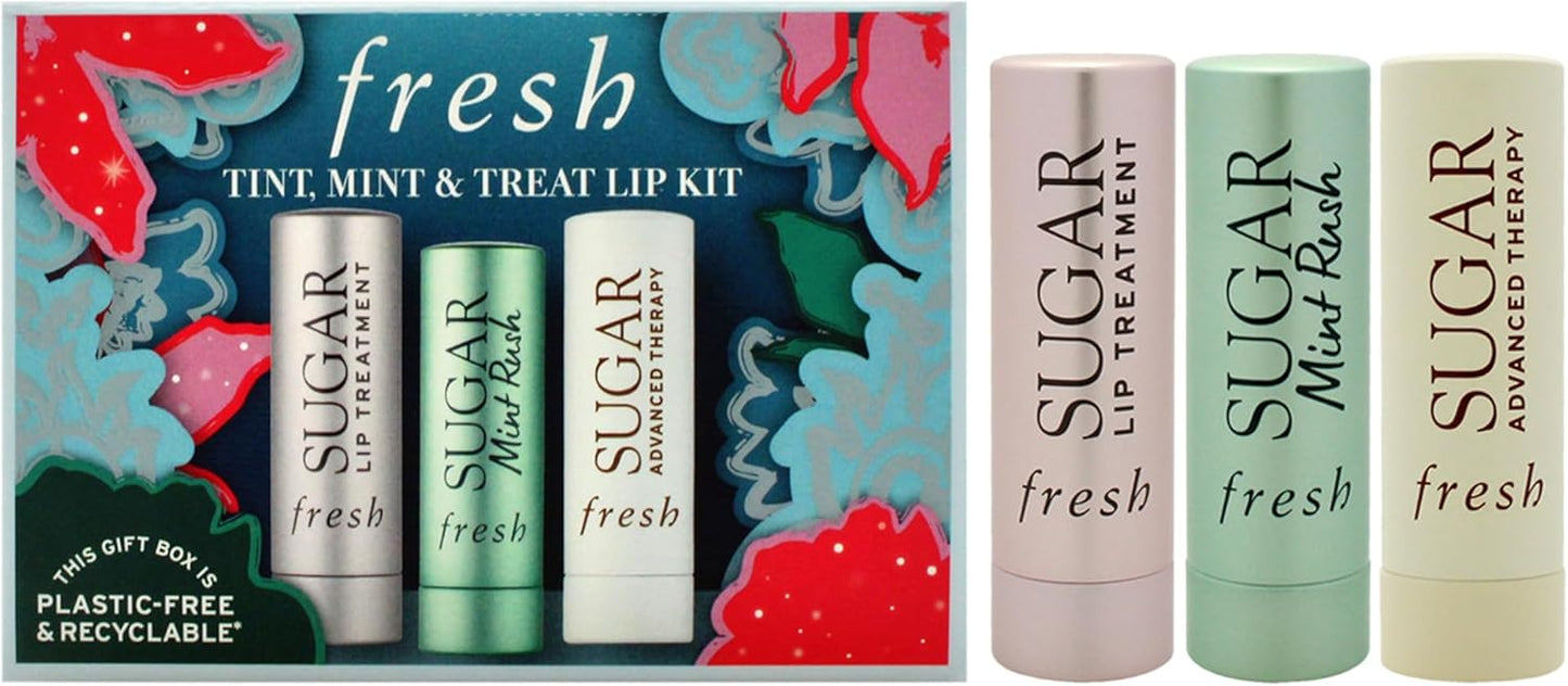 清新潤色、薄荷和潤唇膏套裝 0.07 盎司糖潤唇膏 - 玫瑰、清新潤唇膏 - 薄荷香、高級護理潤唇膏女士 - 3 件