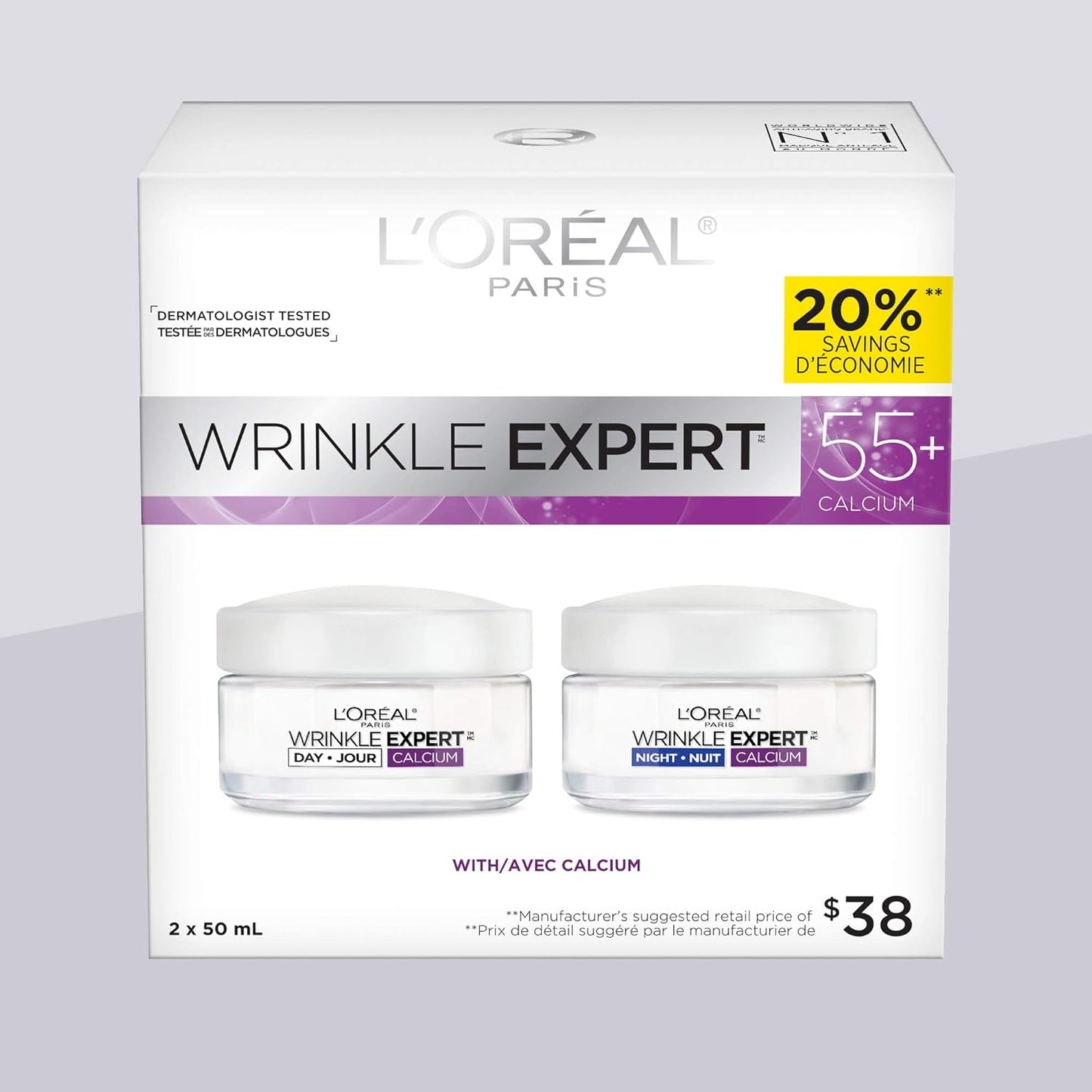 L'Oreal Paris Anti-Aging Face Cream 55+, Day + Night Skincare Kit, Wrinkle Expert, With Calcium to Reduce the Look of Wrinkles, 50mL