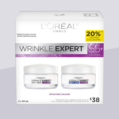 L'Oreal Paris Anti-Aging Face Cream 55+, Day + Night Skincare Kit, Wrinkle Expert, With Calcium to Reduce the Look of Wrinkles, 50mL