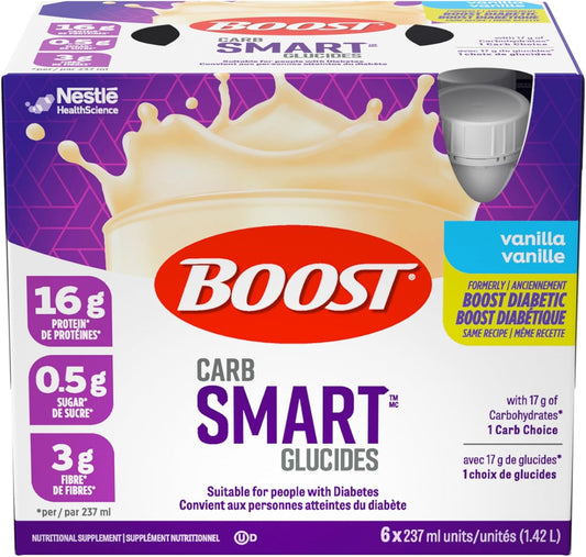 BOOST CarbSmart 香草味，高蛋白，低糖，24 种维生素和矿物质，营养补充剂，16 克蛋白质，0.5 克糖，犹太洁食，无麸质，适合糖尿病患者，24 瓶，6 公斤