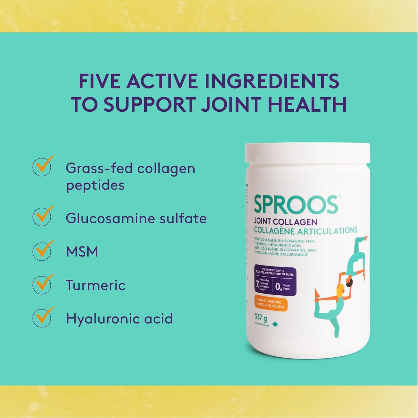 Sproos 關節膠原蛋白 | 水解膠原蛋白粉 + 葡萄糖胺、MSM、薑黃、HA | 增強型膠原蛋白肽粉，芒果薑黃味，桶裝，337 克