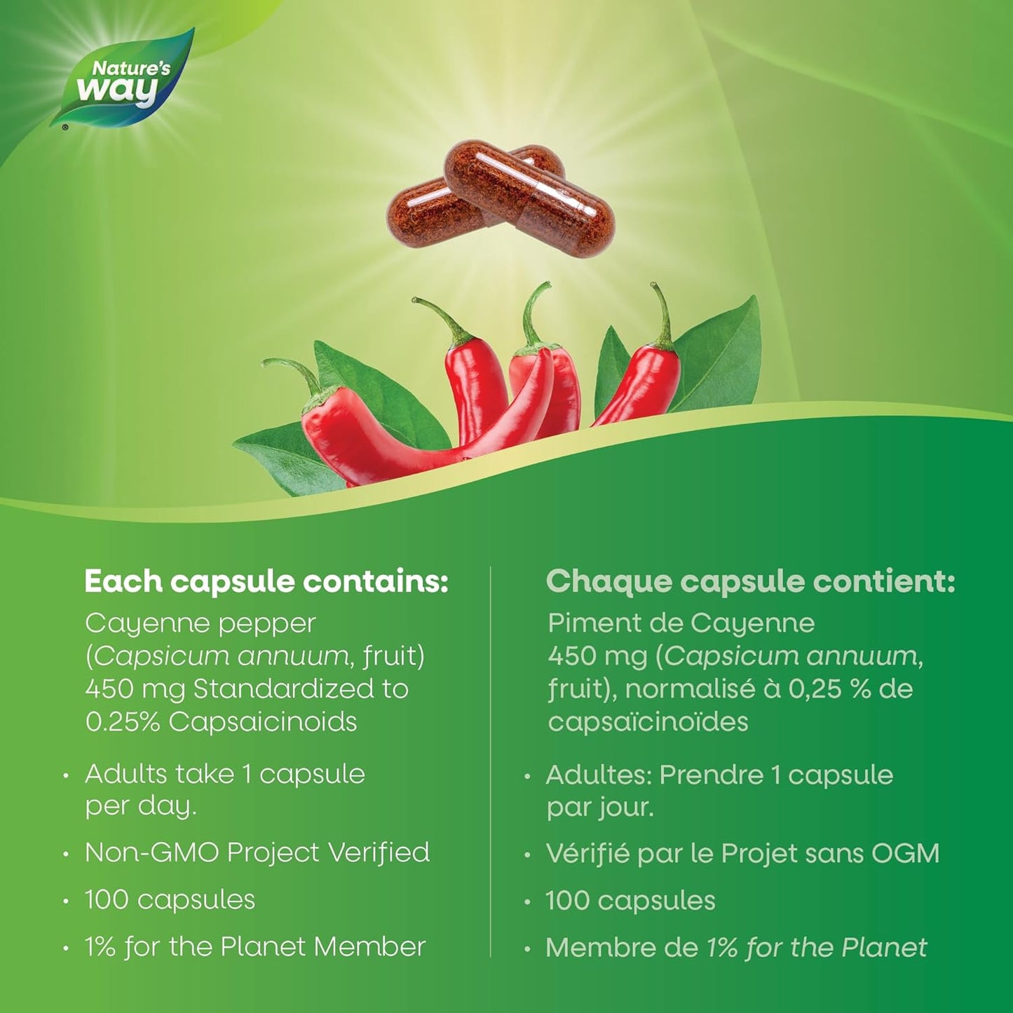 Nature's Way Cayenne Pepper 40,000 HU, 450 mg per serving, 100 Vegetarian Capsules ( 1 Pack)