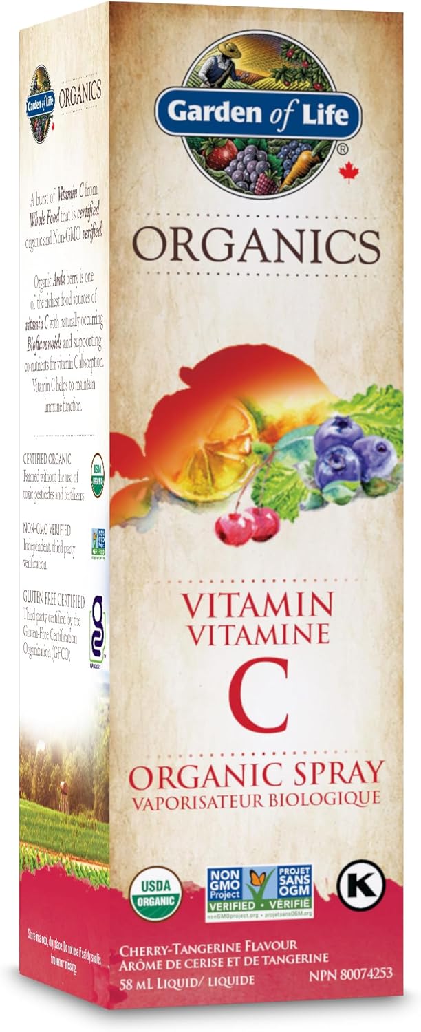 Garden of Life Organics 維生素C噴霧，櫻桃橘味 | 支持免疫系統，促進皮膚和組織健康 | 美味 | 全食物成分，有機，非基因，純素，猶太潔食認證