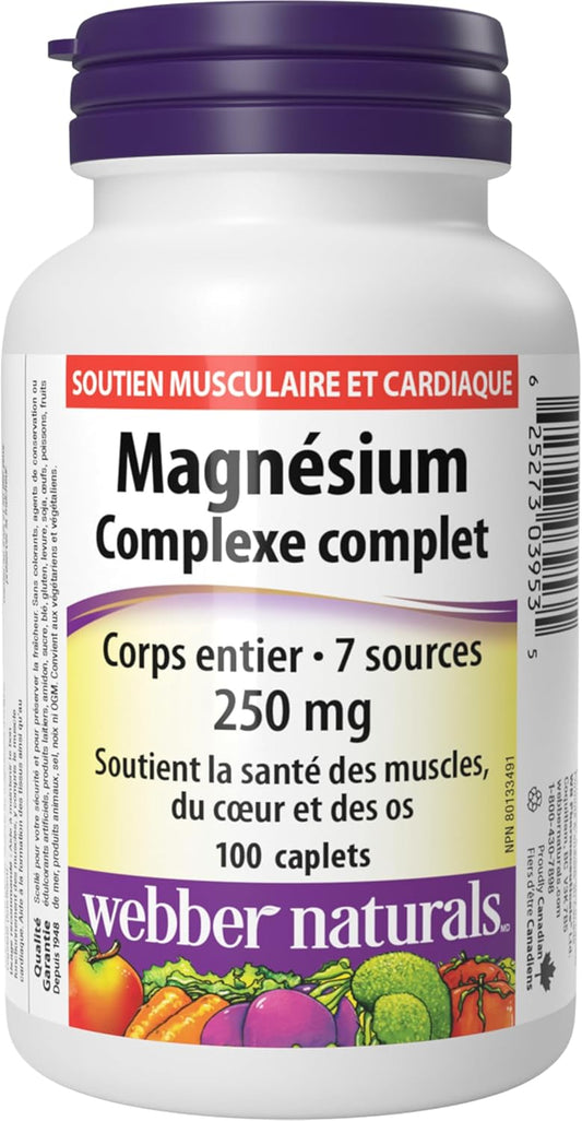 Webber Naturals Magnesium Complete Complex 250 mg, 7 Sources of Magnesium, 100 Caplets, Helps Support Muscle, Heart and Bone Health, Vegan