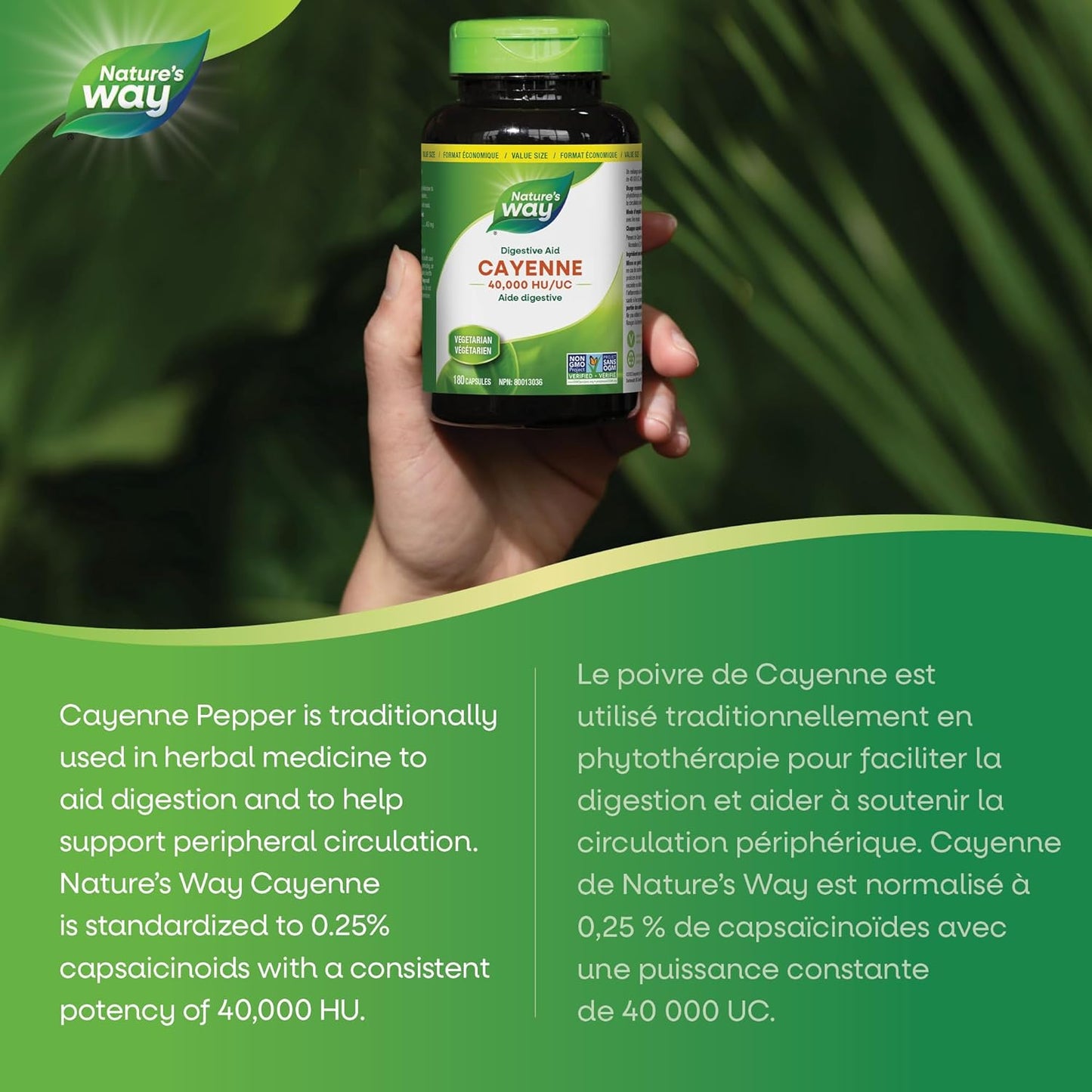 Nature’s Way 卡宴辣椒 40,000 HU – 草本消化和外周循环补充剂 – 卡宴辣椒胶囊 – 素食，非转基因 – 180 粒胶囊