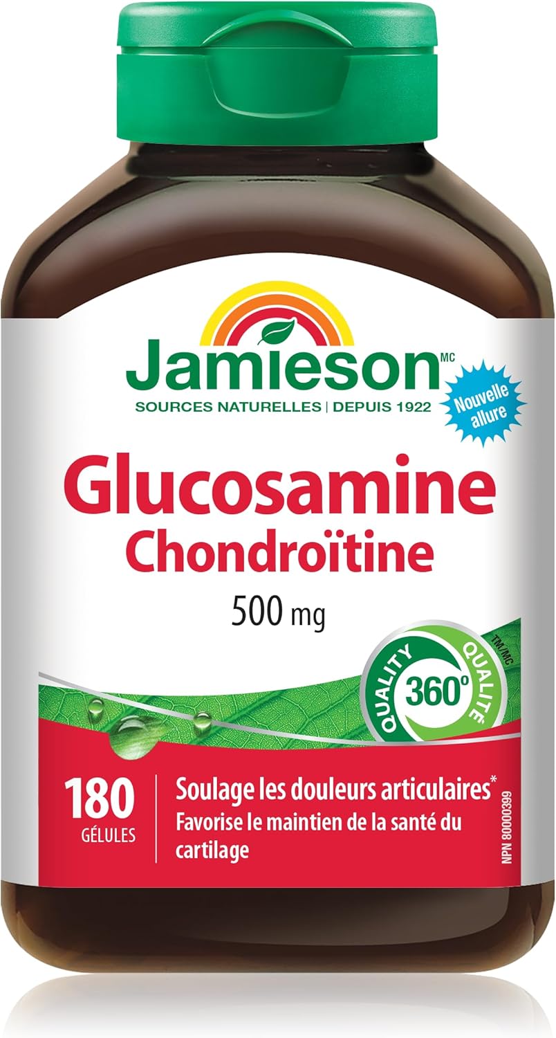 Jamieson 氨基葡萄糖软骨素 500 毫克，缓解关节疼痛，支持骨关节炎，并防止软骨退化。不含麸质，不含人工香料或防腐剂，180 粒软胶囊，加拿大制造