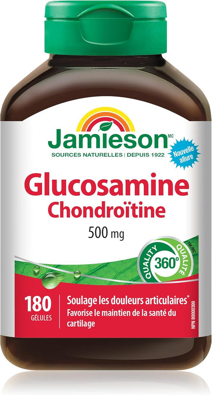 Jamieson 氨基葡萄糖软骨素 500 毫克，缓解关节疼痛，支持骨关节炎，并防止软骨退化。不含麸质，不含人工香料或防腐剂，180 粒软胶囊，加拿大制造