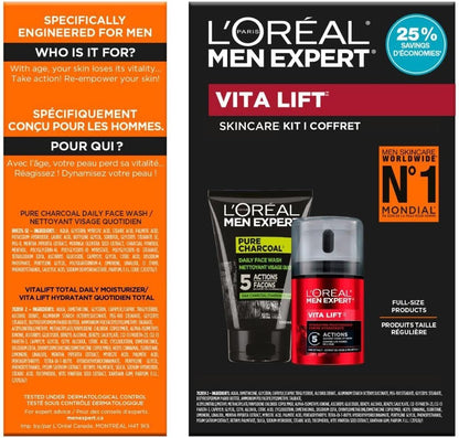 L’Oréal Paris Daily Face Wash + Hydrating Face Cream Kit, Men Expert Skincare, Pure Charcoal Face Wash, Removes Impurities and Reduces Blackheads & Vita Lift Face Cream, Duo Pack